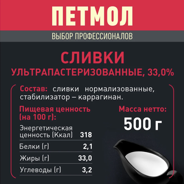 Сливки для взбивания Петмол 33%, бзмж, 0,5 л