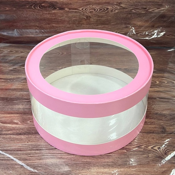Коробка круглая с прозрачными стенками и окном 20*10 см, розовая (АКВАШАЙБА)