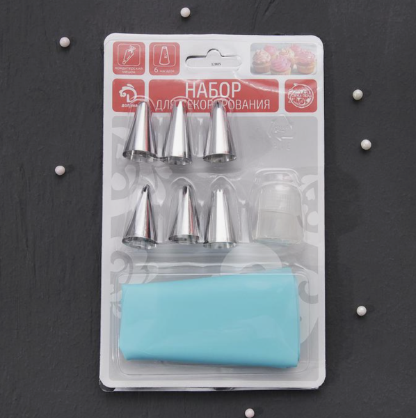 Набор кондитерский Доляна, 8 предметов: 6 насадок d=1,5 см, мешок 26 см, адаптер