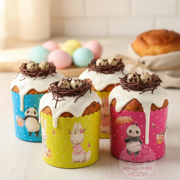 Форма бумажная для кулича на 60 гр "Зверята" d60xh45 мм