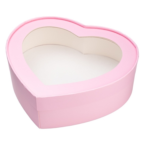 Коробка СЕРДЦЕ с окном 21,5*18*5,5 см, розовая матовая