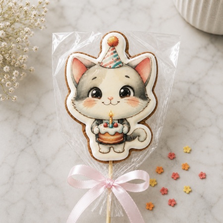 Пряник имбирный "Котик с тортом", 10 см