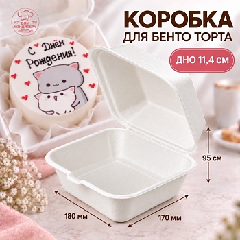 Коробка для бенто-торта ГЛАДКАЯ, белая, 180*170*95 мм, сахарный тростник