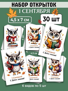 Мини-открытки "1 сентября. Совушки", набор 30 шт, 4,5 х 7 см