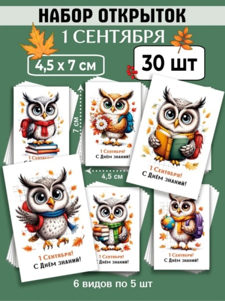 Мини-открытки "1 сентября. Совушки", набор 30 шт, 4,5 х 7 см