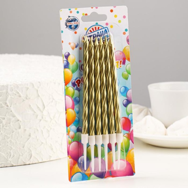 Свечи в торт "Металлик" , 14 см, 6 шт с подставкой, золотистые