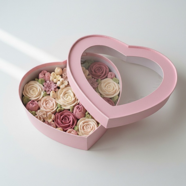 Коробка СЕРДЦЕ с окном 21,5*18*5,5 см, розовая матовая