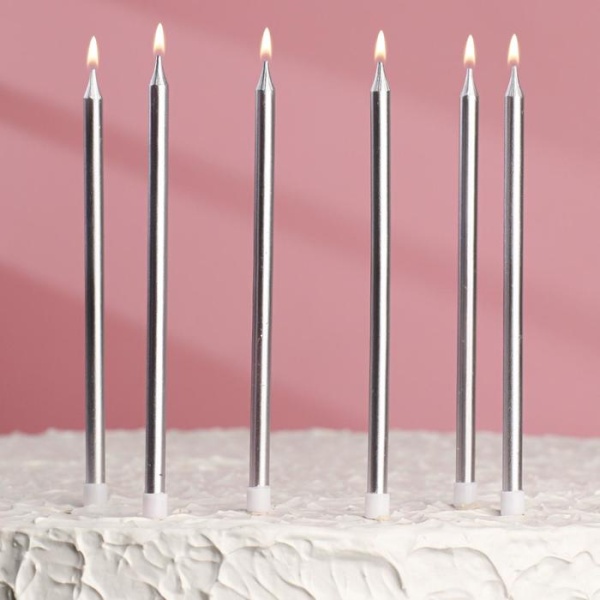 Свечи в торт "С днём рождения" 6 шт, высокие 13 см, Серебристый металлик